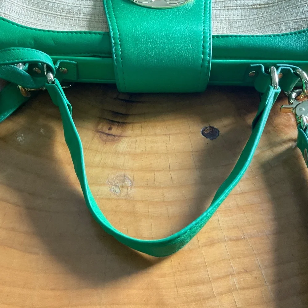 Emma Fox Newport Green Leather & Natural Woven Linen Blend Crossbody Satchel Bag